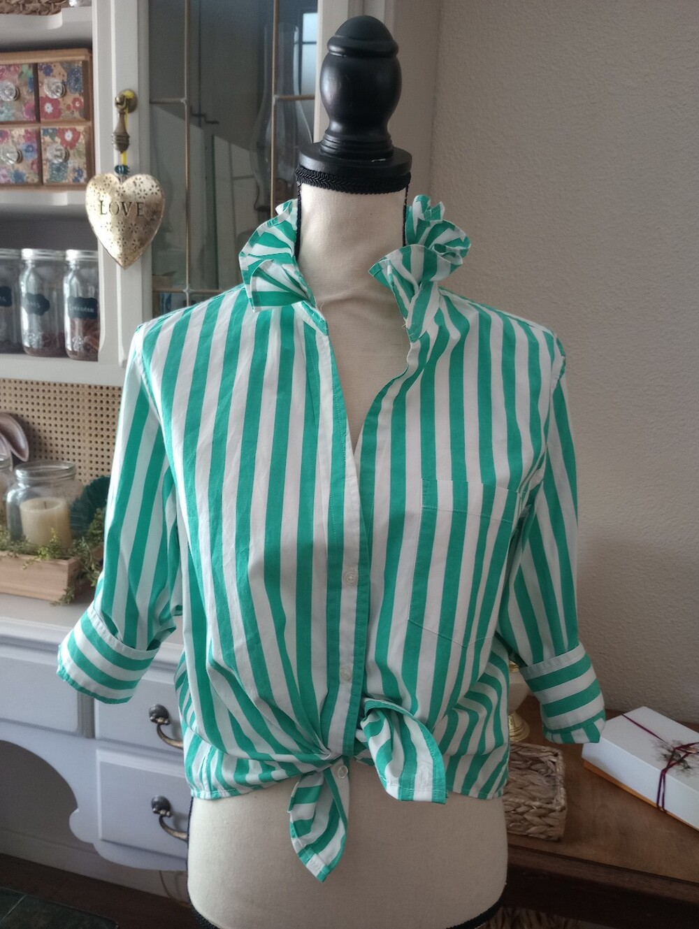 Women’s Green & White Striped ruffled collarTie-Front Shirt